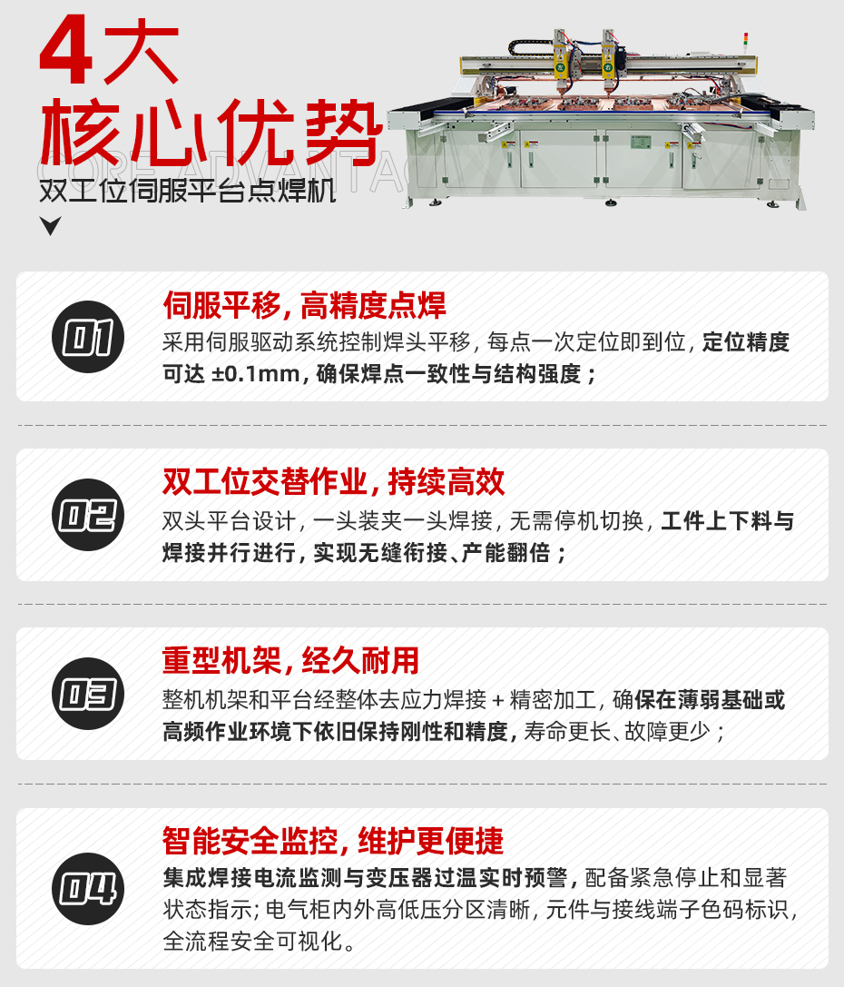 雙工位伺服平臺(tái)點(diǎn)焊機(jī)詳情核心優(yōu)勢